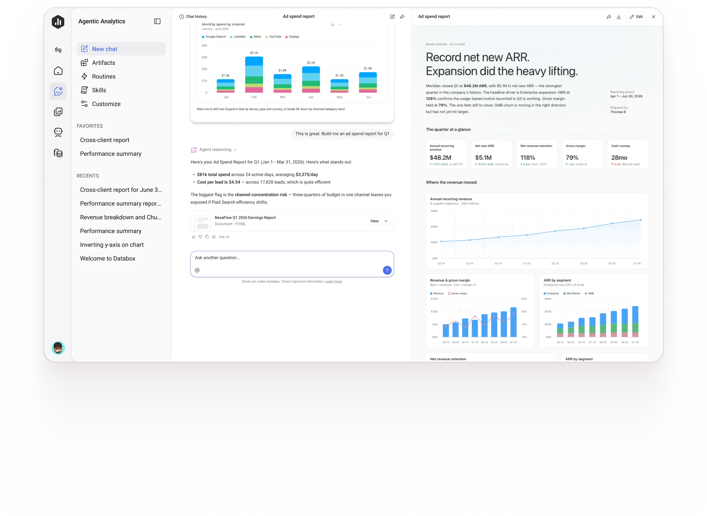 A Databox agent turning an ad spend question into a written board report
