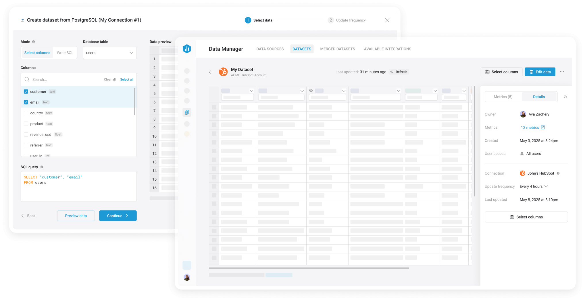 Datasets screen