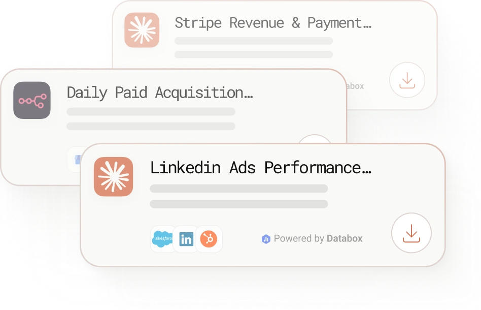 Three marketplace products ready to download: Stripe Revenue & Payments and LinkedIn Ads Performance skills for Claude, and a Daily Paid Acquisition workflow for n8n, each powered by Databox.