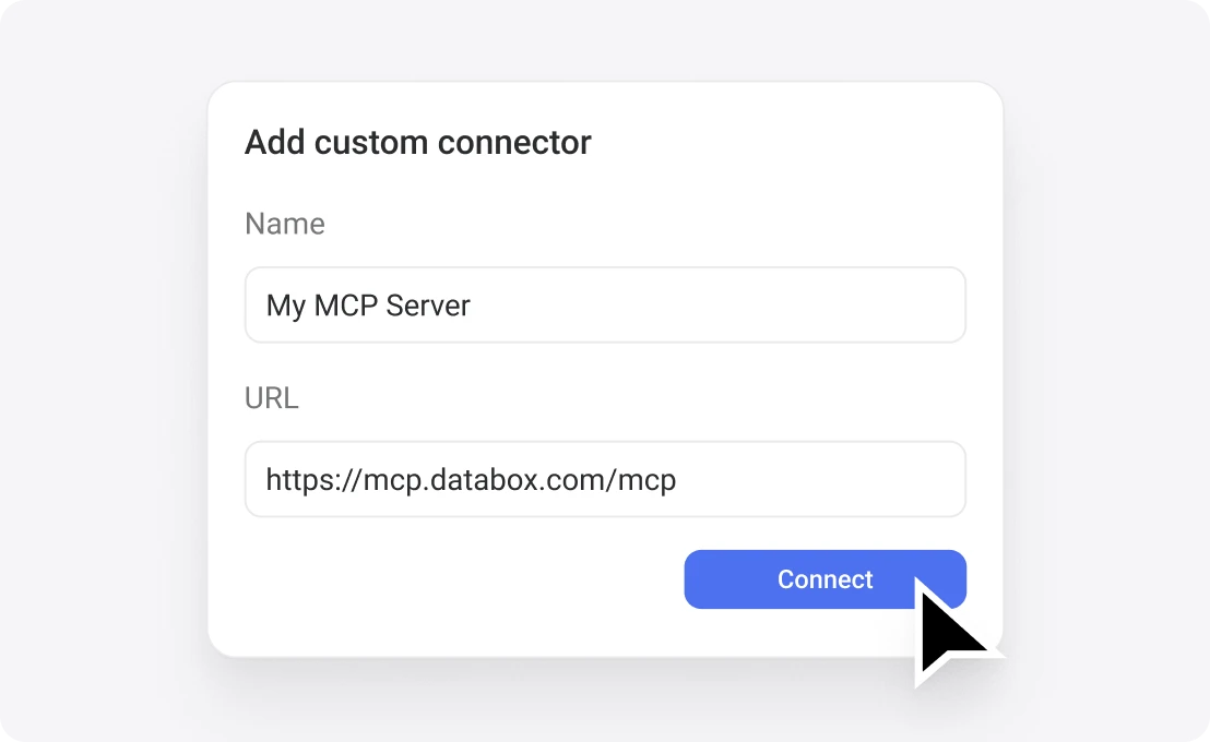 The Add custom connector dialog: a name and the MCP server URL, above a Connect button.