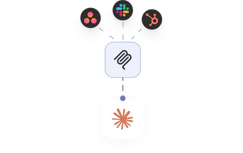 One AI tool, Claude here, on one MCP server, which reaches Asana, Slack and HubSpot and nothing else.