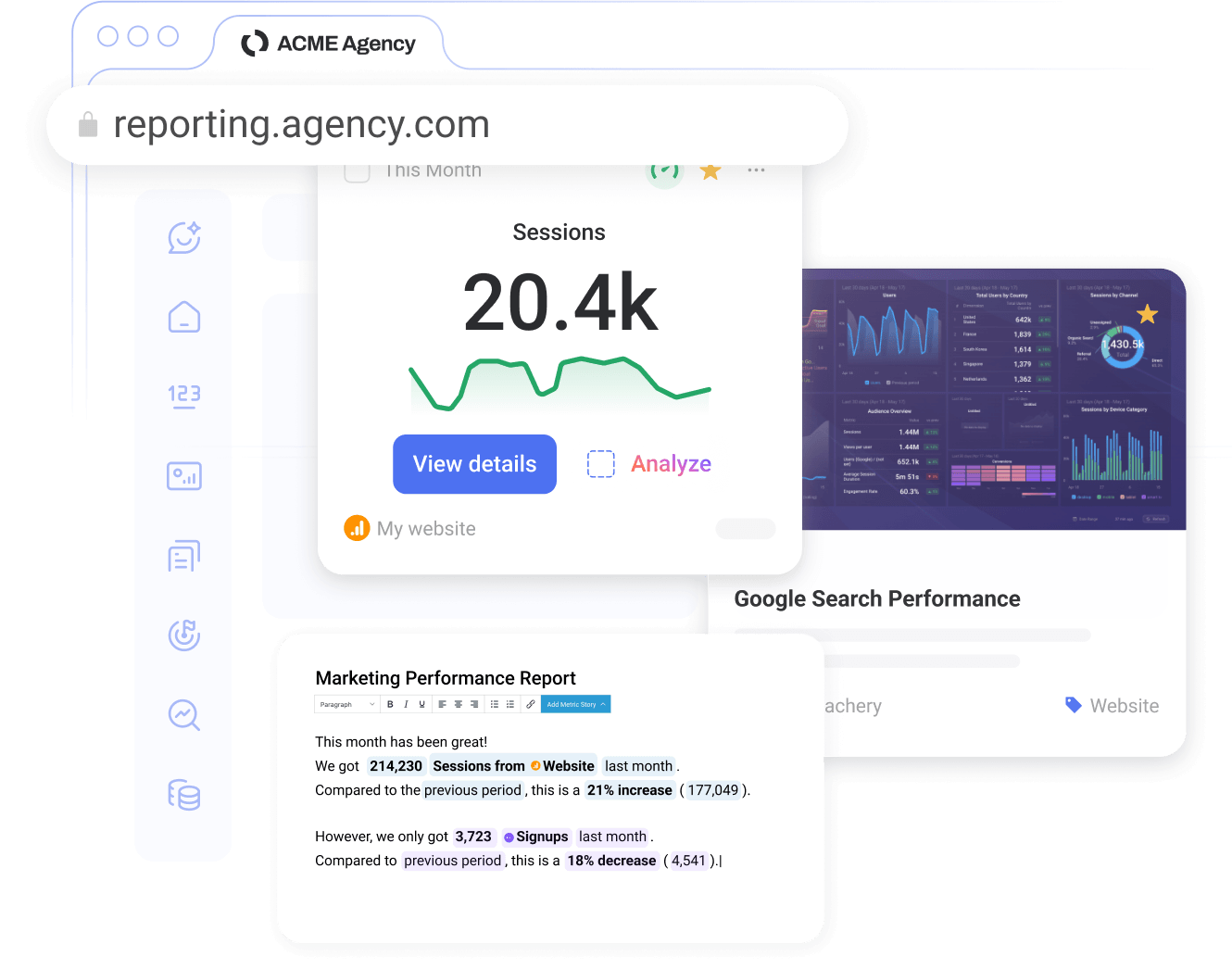 White-labeled Databox dashboard on the agency's own domain (reporting.agency.com) and rebranded with the ACME Agency logo, showing custom client reports and editable Marketing Performance metrics