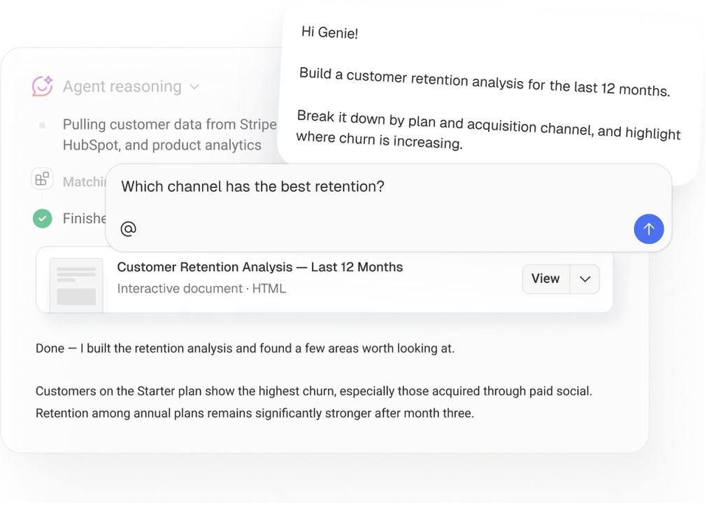 The AI Analyst building a customer retention analysis and showing its reasoning