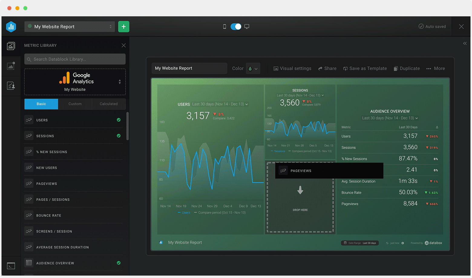 Drag-and-drop pre-built metrics from that source to your dashboard or drag a blank visualization first and select the metric you’d like to associate with it.