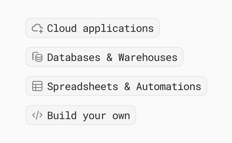 Cloud applications, databases and warehouses, spreadsheets and automations, or build your own