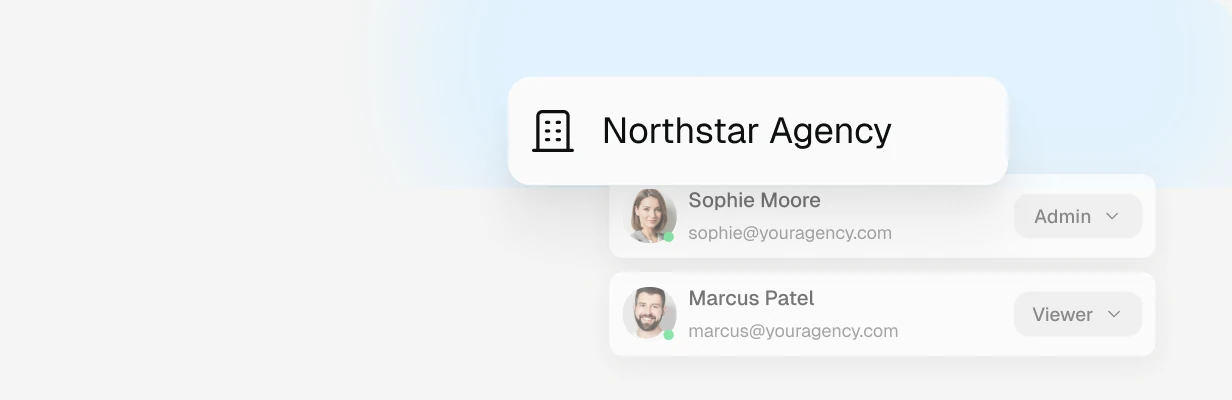 An agency workspace with two team members, one an admin and one a viewer