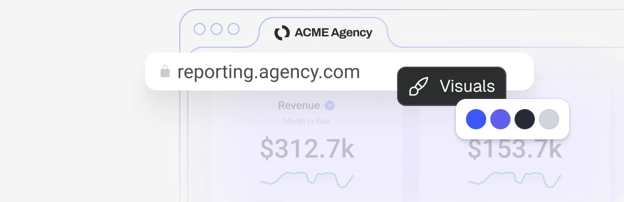 A white-labelled reporting dashboard on the agency&rsquo;s own domain